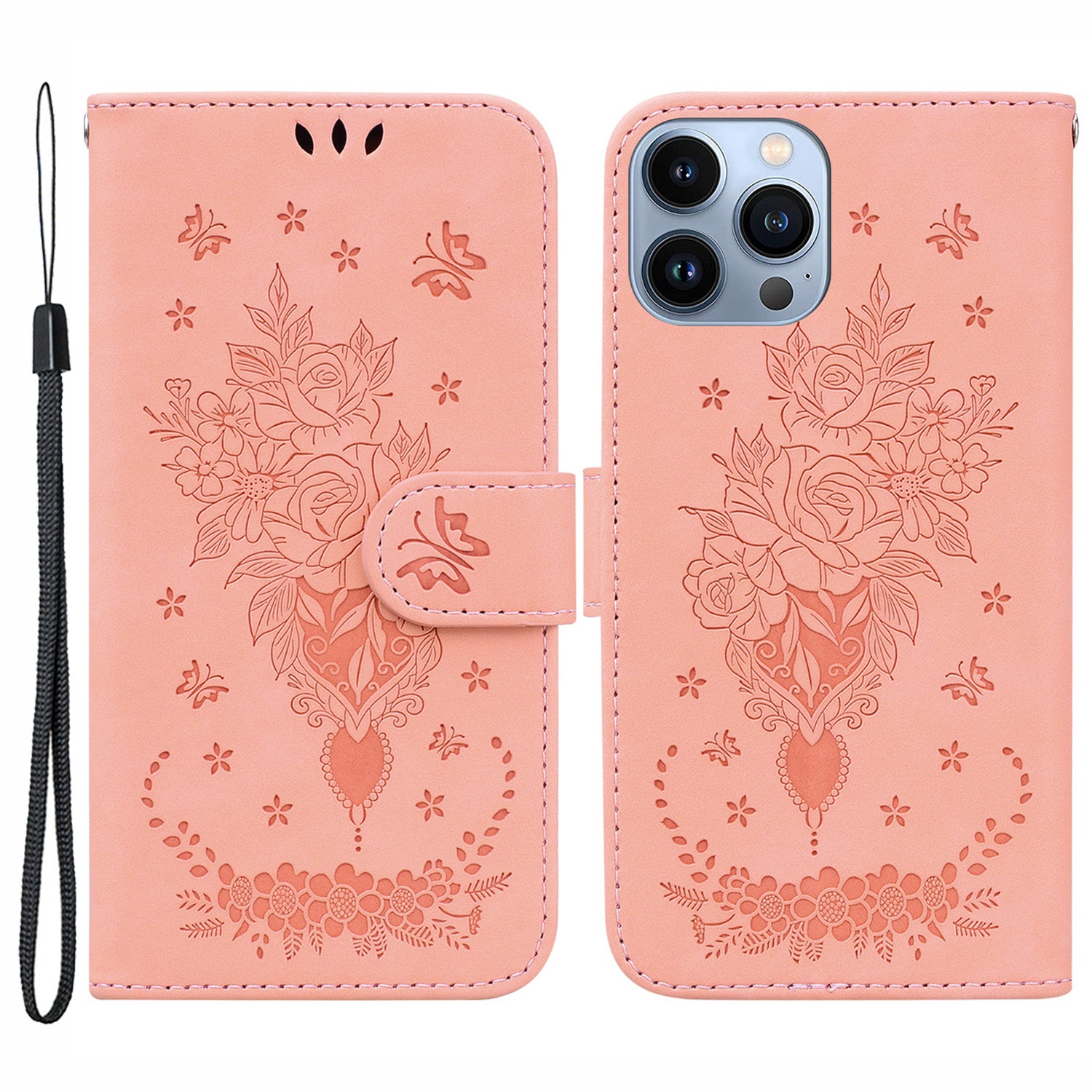 Til iPhone 15 Pro Max Stand Phone Shell Rose Butterfly tegnet etui PU læder telefoncover Til iPhone 15 Pro Max Stand Phone Shell Rose Butterfly tegnet etui PU læder telefoncover